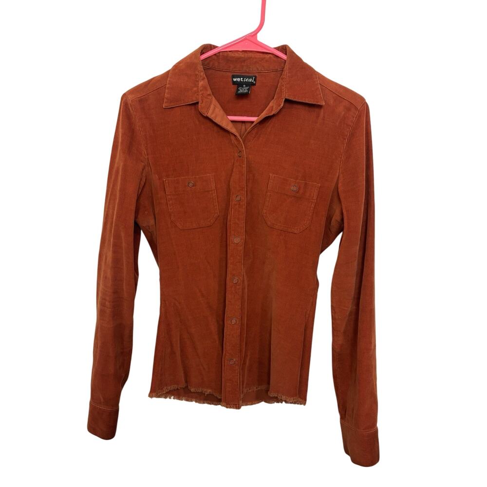 Y2K Wet Seal Orange Corduroy Snap Up Long Sleeve Shacket  Small Grunge Western